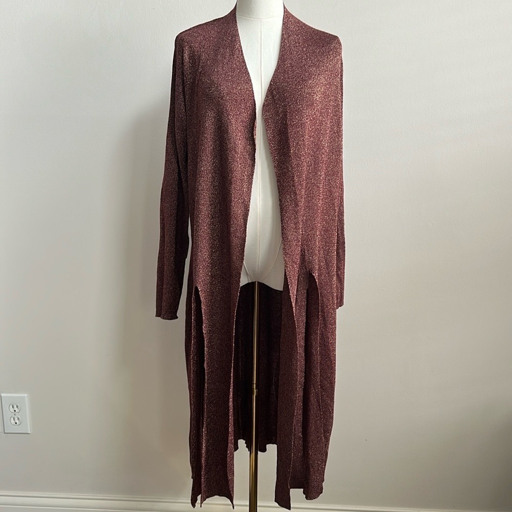 IMAN Womens Open‎ Front Long Casual Chic Cardigan Duster Shimmer Gold Burgundy M